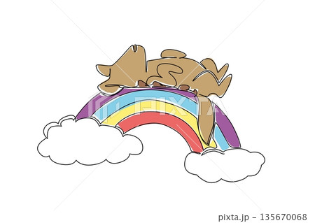 Single line drawing of playful laughing hyena sleeping supine on a rainbow. Nature concept illustration savannah theme for zoo branding. Minimalist graphic for kids storybook and boys wallpaper decor 135670068