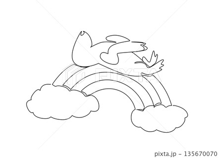 Single line draw of cute sea lion animal sleeping supine on a rainbow with soft fluffy clouds. Nature concept, World Oceans Day theme, cute nursery illustration for kids room decor and nursery print 135670070