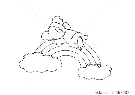 Single line draw of cute playful koala sleeping supine on rainbow with cloud, round ears and chubby face in calm cozy pose. Minimal illustration suitable for nursery poster and kids bedtime theme. 135670076
