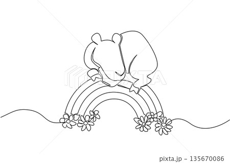 One line drawing of lovable camel gently resting comfortably on a rainbow arc between two clouds over daisies for the nature concept theme. Charming for children wall art decor 135670086