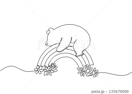 Sweet bear lying down on a rainbow decorated with blooming flowers in a continuous line drawing style. The nature concept artwork depicts the wildlife mammal resting peacefully among the many flowers Sweet bear lying down on a rainbow decorated with blooming flowers in a continuous line drawing style. The nature concept artwork depicts the wildlife mammal resting peacefully among the many flowers 135670090