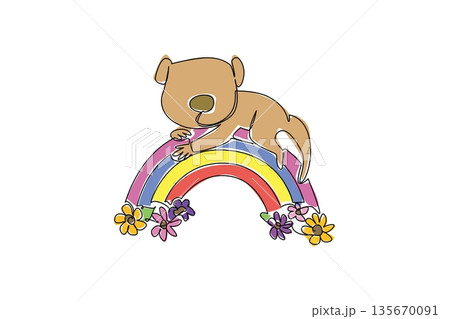 One line drawing of cute meerkat peering over a colorful rainbow with fluffy clouds. Nature concept for cute wild African animal for World Meerkat Day and kids nursery decor One line drawing of cute meerkat peering over a colorful rainbow with fluffy clouds. Nature concept for cute wild African animal for World Meerkat Day and kids nursery decor 135670091