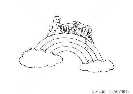 One line drawing of cute adorable zebra sleeping in a supine position on the rainbow. Unique artwork, wild mammal resting above the clouds. Nature concept wildlife animal for kids nursery decor 135670095