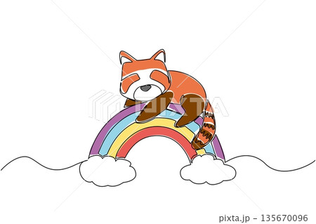 Single line draw of lovable raccoon with signature masked face, napping comfortably across the top of rainbow between two fluffy cloud. Nature concept for cute woodland animal, ideal for kids room art 135670096