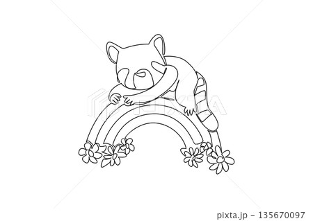 Single line drawing of adorable and charming red panda resting comfortably across rainbow arc with soft clouds. nature concept for cute woodland animal, perfect for nursery prints and Red Panda Day 135670097