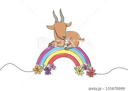 Continuous line drawing of elegant antelope with distinctive long horns is perched on a rainbow arc, beautifully decorated with blooming flowers at its base. Nature concept for cute wild animal, Continuous line drawing of elegant antelope with distinctive long horns is perched on a rainbow arc, beautifully decorated with blooming flowers at its base. Nature concept for cute wild animal, 135670099