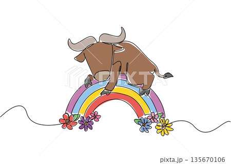 Single line drawing of sweet calm buffalo with curved horns lounging on rainbow arc surrounded by flowers. Nature concept for cute farm animal unique for nursery prints and agricultural designs 135670106