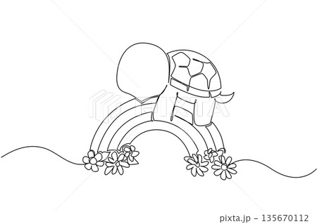 Cute turtle laying on rainbow with flowers, peaceful and dreamy. Single line drawing nature concept for animal theme, showing turtle relaxing on a rainbow floral bridge, perfect for kids decor 135670112