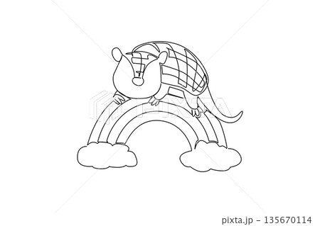 One line drawing of cute armadillo curled up on a rainbow with fluffy clouds below. Nature concept for cute wild animal, charming for nursery poster prints and wildlife conservation designs 135670114