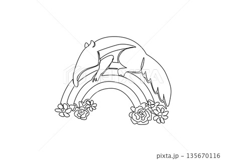 Single line draw of sweet anteater lying down on rainbow decorated with blooming flowers at the base. Nature concept for cute wild animal, ideal for nursery wall art and World Anteater Day celebration 135670116