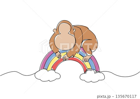 Single line drawing of peaceful cute orangutan draped over a rainbow, grounded by two soft clouds. Nature concept for cute jungle animal, charming for nursery prints and International Orangutan Day Single line drawing of peaceful cute orangutan draped over a rainbow, grounded by two soft clouds. Nature concept for cute jungle animal, charming for nursery prints and International Orangutan Day 135670117