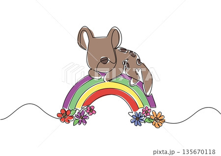 Cute animal laying down on the rainbow featuring a sleepy hyena in continuous line drawing style. Nature concept design shows the wildlife creature relaxing among the colorful flowers. 135670118