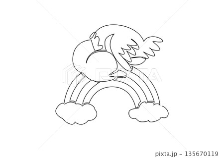 Single line drawing of tall and lovable ostrich napping its head comfortably on a rainbow arc, resting between two soft, white clouds. Nature concept for cute bird, unique for kids room wall art 135670119
