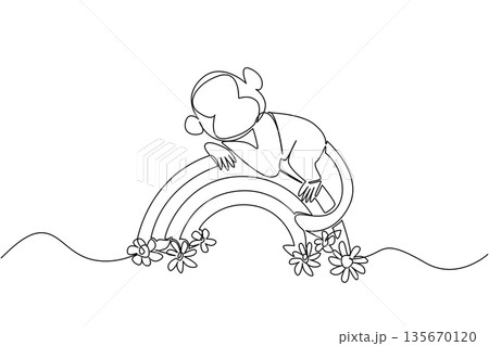 Cute relaxing monkey lounging on a rainbow with blooming flowers and cloud below. One line drawing nature concept for cute animal theme, showing a monkey calmly laying, charming for children room art 135670120