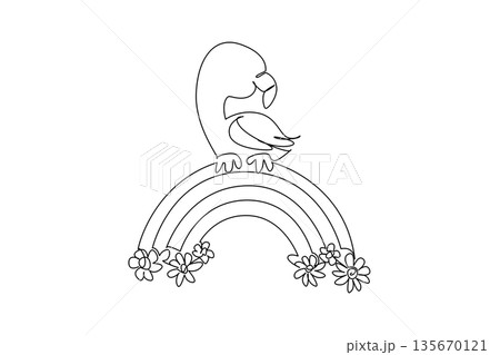 One line draw elegant and charming flamingo resting gracefully on top of rainbow arc with two fluffy soft clouds. nature concept for cute bird, ideal for nursery prints and International Flamingo Day One line draw elegant and charming flamingo resting gracefully on top of rainbow arc with two fluffy soft clouds. nature concept for cute bird, ideal for nursery prints and International Flamingo Day 135670121