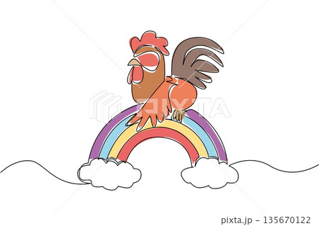 Single line drawing of proud colorful rooster standing on a rainbow arch with fluffy clouds. Nature concept for cute farm animal theme, unique for nursery prints and Lunar New Year celebration Single line drawing of proud colorful rooster standing on a rainbow arch with fluffy clouds. Nature concept for cute farm animal theme, unique for nursery prints and Lunar New Year celebration 135670122
