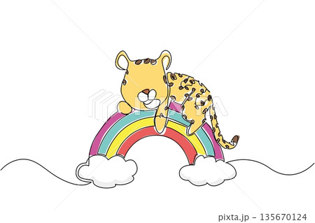 Single line drawing nature concept for cute wild animal theme, a cheetah cub laying rest comfortably on rainbow with clouds, perfect for safari nursery decor and International Cheetah Day artwork. Single line drawing nature concept for cute wild animal theme, a cheetah cub laying rest comfortably on rainbow with clouds, perfect for safari nursery decor and International Cheetah Day artwork. 135670124