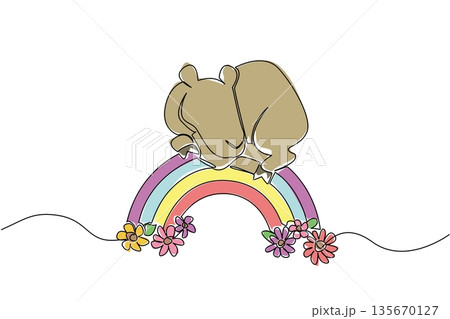 One line drawing nature concept for cute desert animal theme, depicting a lovable brown camel lying on a rainbow with flowers, charming for nursery prints and World Camel Day celebration. One line drawing nature concept for cute desert animal theme, depicting a lovable brown camel lying on a rainbow with flowers, charming for nursery prints and World Camel Day celebration. 135670127
