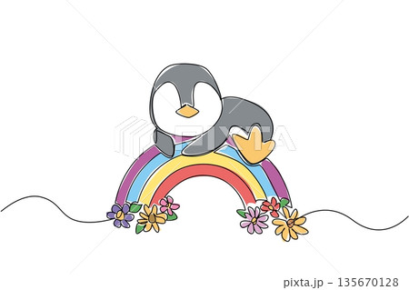 Continuous line draw of charming grey penguin resting or laying flat on its belly across colorful rainbow arc decorated with flowers. Nature concept for cute arctic animal, perfect for kids room decor Continuous line draw of charming grey penguin resting or laying flat on its belly across colorful rainbow arc decorated with flowers. Nature concept for cute arctic animal, perfect for kids room decor 135670128