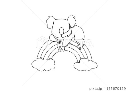 One line drawing of simple and cute koala resting peacefully on a rainbow grounded by billowy clouds. Nature concept for cute wild animal, charming for nursery decor and World Wildlife Day celebration 135670129