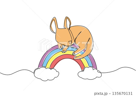 Single line drawing of sweet brown kangaroo resting its head on a rainbow arc, lounging comfortably between soft fluffy cloud. Nature concept for cute wild animal, ideal for Australia Day celebration Single line drawing of sweet brown kangaroo resting its head on a rainbow arc, lounging comfortably between soft fluffy cloud. Nature concept for cute wild animal, ideal for Australia Day celebration 135670131