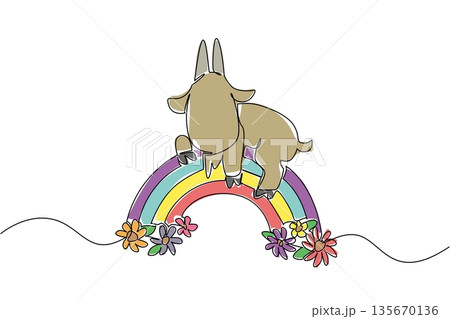 Single line drawing nature concept for cute farm animal theme, showing a goat balancing and laying down on a rainbow with flowers, perfect for children room decor and World Farm Animals Day design Single line drawing nature concept for cute farm animal theme, showing a goat balancing and laying down on a rainbow with flowers, perfect for children room decor and World Farm Animals Day design 135670136