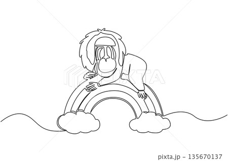 Continuous line drawing of unique mandrill primate resting its head on a rainbow arch positioned between two soft clouds. Nature concept for cute wild animal, unique for wildlife jungle nursery print Continuous line drawing of unique mandrill primate resting its head on a rainbow arch positioned between two soft clouds. Nature concept for cute wild animal, unique for wildlife jungle nursery print 135670137