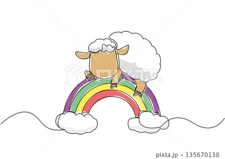 One line drawing nature concept for cute farm animal theme, depicting a fluffy sheep standing on a rainbow with clouds, charming for nursery wall art, kids event, and World Sleep Day graphics One line drawing nature concept for cute farm animal theme, depicting a fluffy sheep standing on a rainbow with clouds, charming for nursery wall art, kids event, and World Sleep Day graphics 135670138