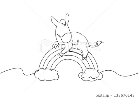 Single line draw of charming donkey standing or resting atop rainbow arch with fluffy cloud, bring sense of farm life to whimsical sky scene. Nature concept for cute animal, charming for nursery decor 135670145