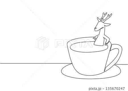Continuous line drawing of cute playful deer depicts small animal soaking in coffee cup for nature concept. Simple illustration fits an international coffee day theme for forest animal lovers 135670247