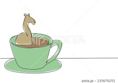 One line drawing of adorable cute camel features desert animal soaking in a coffee cup for nature concept. Colorful art is ideal for an international coffee day theme and kids room decor 135670255