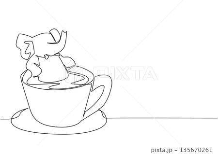 Single line drawing of cute elephant features the giant animal soaking in a coffee cup for a nature concept. The minimalist design represents an international zoo day theme for children event Single line drawing of cute elephant features the giant animal soaking in a coffee cup for a nature concept. The minimalist design represents an international zoo day theme for children event 135670261