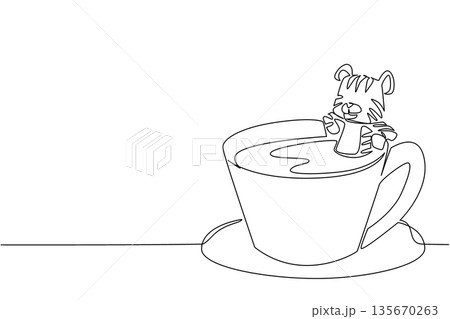 Continuous line drawing of playful cute tiger depicts giant animal soaking in coffee cup for nature concept. Simple illustration fits international wildlife day for big cat lovers and nursery print 135670263