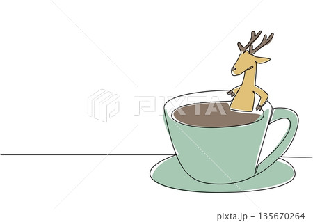 Continuous line drawing of playful animal shows brown deer soaking in coffee cup for nature concept. Colorful art is perfect for an international coffee day theme with an adorable fawn 135670264