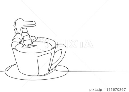 Continuous line drawing of playful crocodile shows cute animal soaking in coffee cup for nature concept. Unique design features the swamp reptile for an international reptile day theme in art 135670267
