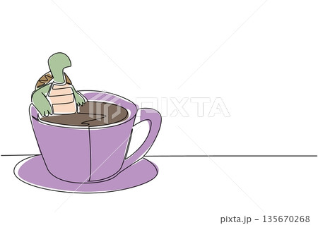 One line drawing of green charming tortoise for nature concept features cute animal soaking in coffee cup. Colorful art represents an international turtle day theme with a playful reptile One line drawing of green charming tortoise for nature concept features cute animal soaking in coffee cup. Colorful art represents an international turtle day theme with a playful reptile 135670268