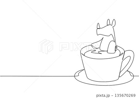 Single line drawing of adored rhinoceros for industry concept shows cute animal soaking in porcelain coffee cup. Simple sketch fits an international wildlife day theme with the strong horned mammal 135670269