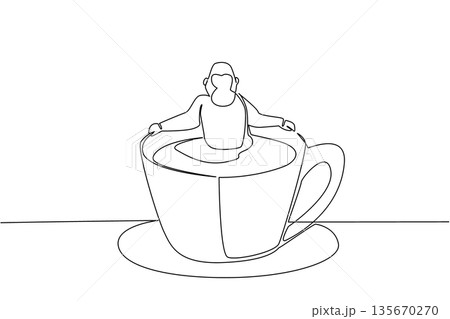 Continuous line drawing of cute gorilla depicts giant animal soaking in coffee cup for nature concept. Simple illustration fits an international coffee day theme for great ape lovers Continuous line drawing of cute gorilla depicts giant animal soaking in coffee cup for nature concept. Simple illustration fits an international coffee day theme for great ape lovers 135670270