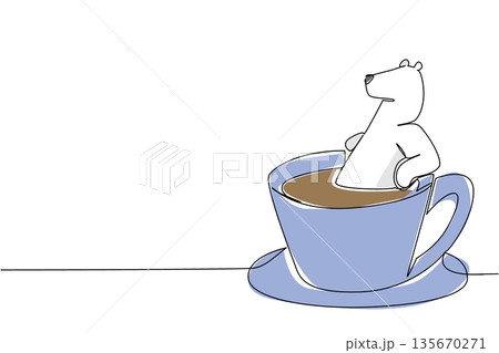 Single line drawing of white polar bear for nature concept features a animal soaking in coffee cup. Colorful art represents an international polar bear day theme and resto log with a playful mammal 135670271