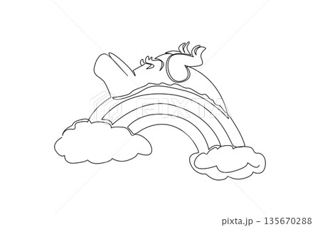 Single line drawing of cute t rex animal sleeping in a supine position on the rainbow for the nature concept. Unique artwork features fantasy prehistoric dinosaur resting above the clouds in a style 135670288