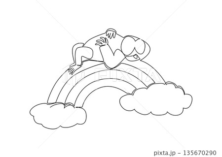 Single line drawing of peaceful strong baby gorilla napping comfortably in supine position on vibrant rainbow arch situated between two soft clouds. Nature concept jungle theme for World Gorilla Day 135670290