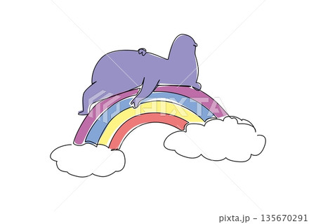 One line drawing of a chubby happy purple hippo sleeping supine on a rainbow with soft fluffy clouds. Nature concept art highlights a zoo theme for World Hippo Day and nursery wall decor print One line drawing of a chubby happy purple hippo sleeping supine on a rainbow with soft fluffy clouds. Nature concept art highlights a zoo theme for World Hippo Day and nursery wall decor print 135670291