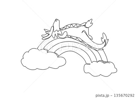Continuous line drawing of cute whimsical dragon sleeping supine on a rainbow. Fantasy concept design features a mythical theme for storybooks. Minimalist art for kids bedroom decor 135670292