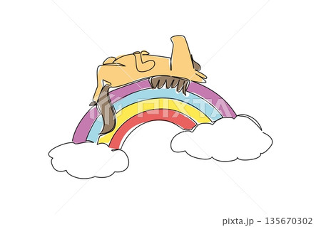 Continuous line draw of playful pony horse lounging gracefully in supine position atop rainbow arc with fluffy clouds. Nature concept features farm theme for National Horse Day and kids tshirt print 135670302