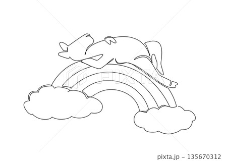 One line drawing of dromedary whimsical camel appearing light and gentle while sleeping in a supine position peacefully on a rainbow arc. Nature concept art desert theme for World Camel Day One line drawing of dromedary whimsical camel appearing light and gentle while sleeping in a supine position peacefully on a rainbow arc. Nature concept art desert theme for World Camel Day 135670312