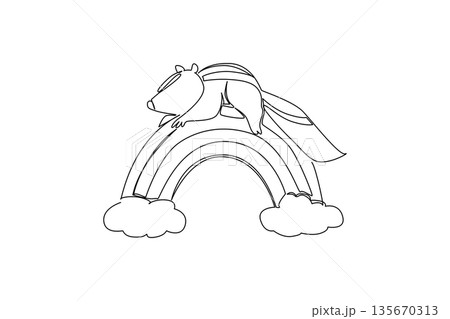 Continuous line draw of cute and adorable skunk with striped tail resting peacefully on rainbow with clouds. Nature concept for cute woodland animal, unique for kids room art and wildlife appreciation 135670313