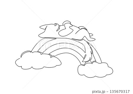 Continuous line drawing of peaceful wild wolf cub napping in a supine position across a vibrant rainbow arch between two clouds. Nature concept design forest theme for Wolf Awareness Week Continuous line drawing of peaceful wild wolf cub napping in a supine position across a vibrant rainbow arch between two clouds. Nature concept design forest theme for Wolf Awareness Week 135670317
