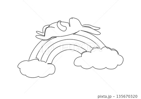 Single line drawing of lovable pet rabbit sprawled on its back, napping supine peacefully on a rainbow arc positioned between soft clouds. Nature concept illustration for International Rabbit Day 135670320