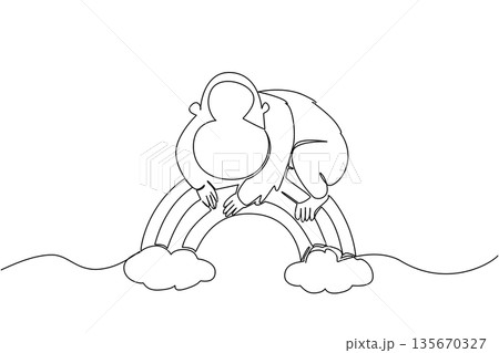 One line drawing of peaceful orangutan draped over rainbow arch, grounded by two soft clouds. Nature concept for cute jungle animal theme, charming for nursery prints and International Orangutan Day One line drawing of peaceful orangutan draped over rainbow arch, grounded by two soft clouds. Nature concept for cute jungle animal theme, charming for nursery prints and International Orangutan Day 135670327