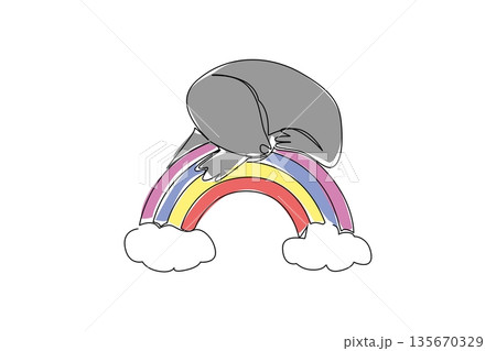 Single line drawing of adorable and cute sea lion resting peacefully on a colorful rainbow arc with two soft clouds. Nature concept for cute marine animal theme, perfect for nursery decor Single line drawing of adorable and cute sea lion resting peacefully on a colorful rainbow arc with two soft clouds. Nature concept for cute marine animal theme, perfect for nursery decor 135670329